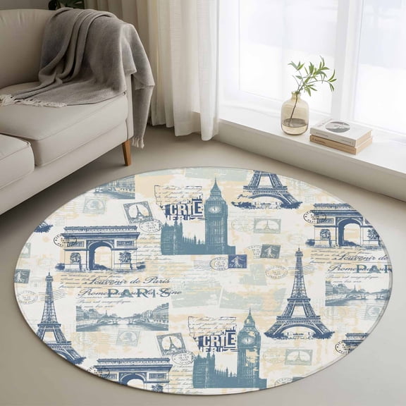 Washable Round Area Rug Vintage Paris Architectural Blue Circle Rugs Floor Carpet for Living Room Bedroom, Modern Abstract Art Soft Non Slip Round Rug 3ft