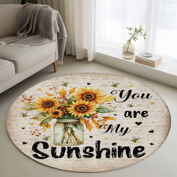 Washable Round Area Rug Vintage Pastoral Sunflower Bee Circle Rugs Floor Carpet for Living Room Bedroom, Sunshine Quote on Retro Letter Soft Non Slip Round Rug 3ft