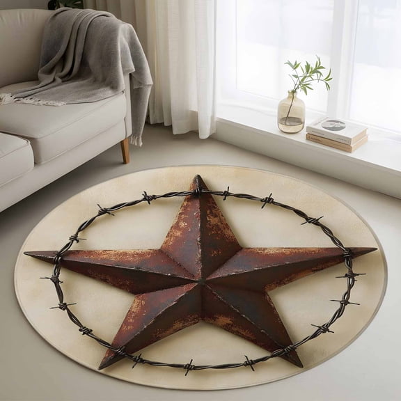 Washable Round Area Rug Vintage Rustic Texas Lone Star Circle Rugs Floor Carpet for Living Room Bedroom, 4th of July Pentagram Soft Non Slip Round Rug 4ft