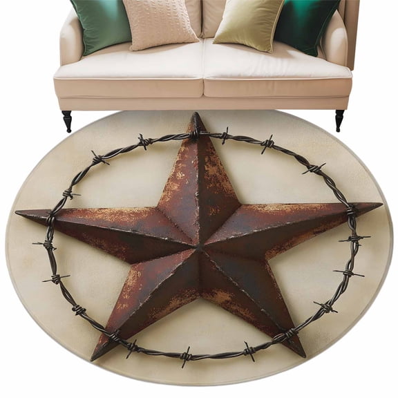 Washable Round Area Rug Vintage Rustic Texas Lone Star Circle Rugs Floor Carpet for Living Room Bedroom, 4th of July Pentagram Soft Non Slip Round Rug 5ft