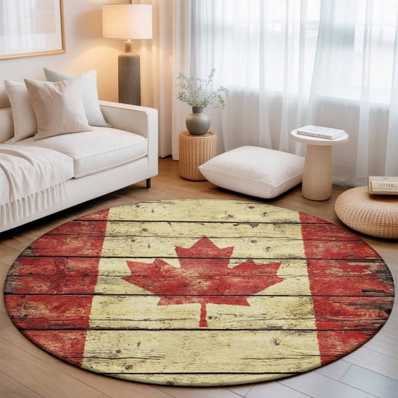 Washable Round Area Rug Vintage Wooden Stripes Maple Leaf Circle Rugs Floor Carpet for Living Room Bedroom, Country Red Brown Plank Soft Non Slip Round Rug 3ft