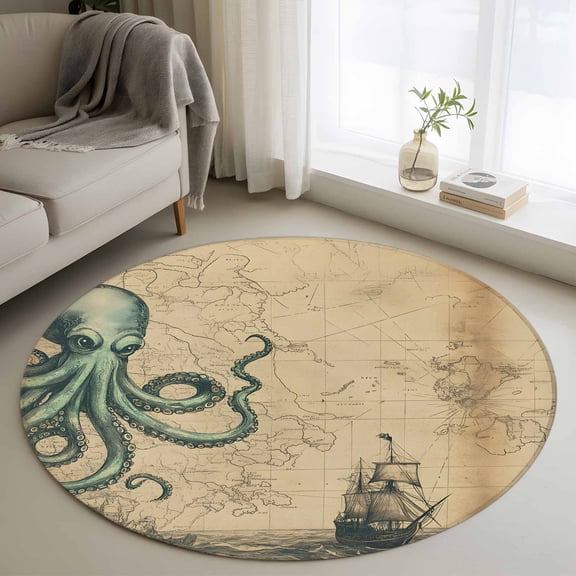 Washable Round Area Rug Vintage World Map Ocean Octopus Circle Rugs Floor Carpet for Living Room Bedroom, Nautical Sailing Boat Brown Soft Non Slip Round Rug 3ft