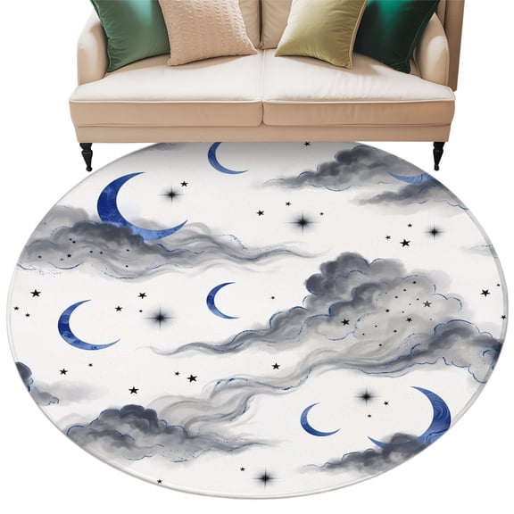 Washable Round Area Rug Watercolor Blue Moons Gray Cloud Circle Rugs Floor Carpet for Living Room Bedroom, Shining Star Bright Sky Soft Non Slip Round Rug 5ft