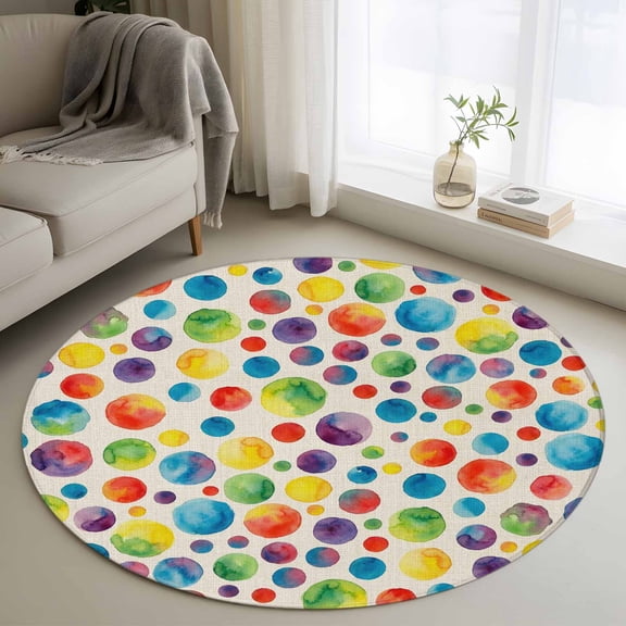Washable Round Area Rug Watercolor Circle Dots on Linen Circle Rugs Floor Carpet for Living Room Bedroom, Seamless Colorful Dot Polka Soft Non Slip Round Rug 3ft