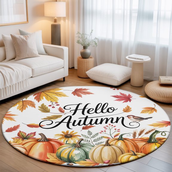 Washable Round Area Rug Watercolor Fall Pumpkins Bird Circle Rugs Floor Carpet for Living Room Bedroom, Hello Autumn Words Soft Non Slip Round Rug 3ft