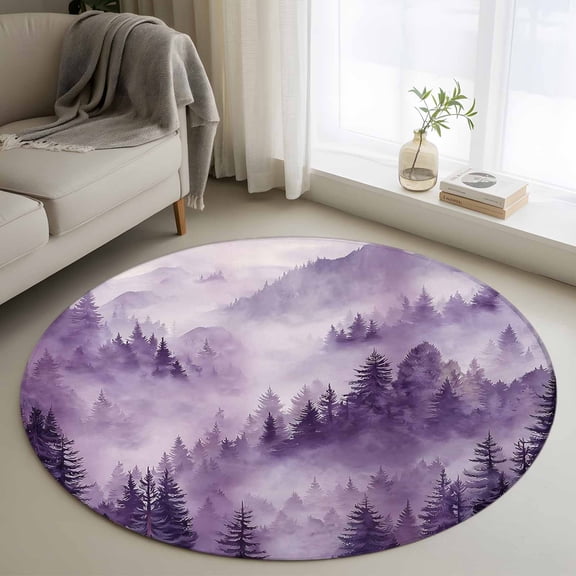 Washable Round Area Rug Watercolor Forest Scenery Circle Rugs Floor Carpet for Living Room Bedroom, Purple Gradient Tree Mountain Soft Non Slip Round Rug 3ft