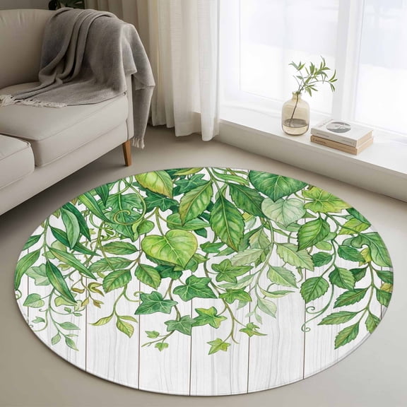 Washable Round Area Rug Watercolor Green Leaves Farm Wood Circle Rugs Floor Carpet for Living Room Bedroom, Farm Ivy Pothos Plant Soft Non Slip Round Rug 3ft
