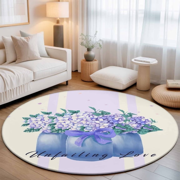 Washable Round Area Rug Watercolor Hydrangea Flower in Vase Circle Rugs Floor Carpet for Living Room Bedroom, Farm Fallen Patel Purple Striped Soft Non Slip Round Rug 3ft