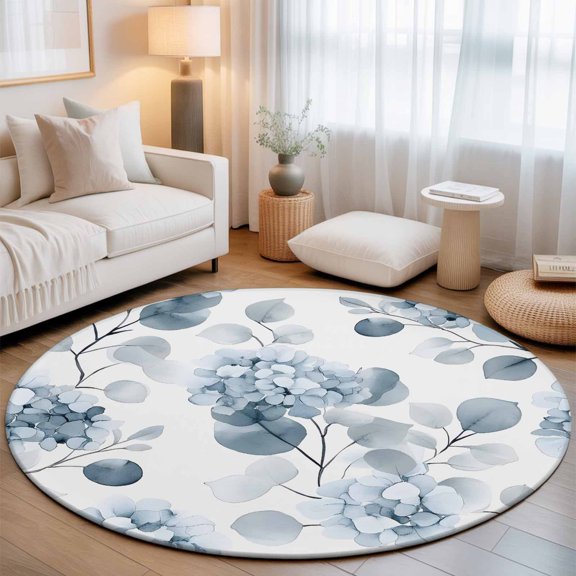Washable Round Area Rug Watercolor Pastoral Hydrangeas Flower Circle Rugs Floor Carpet for Living Room Bedroom, Spring Botanical Soft Non Slip Round Rug 3ft
