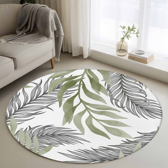 Washable Round Area Rug Watercolor Rustic Leaf Circle Rugs Floor Carpet for Living Room Bedroom, Sage Green Black Leaves Soft Non Slip Round Rug 3ft