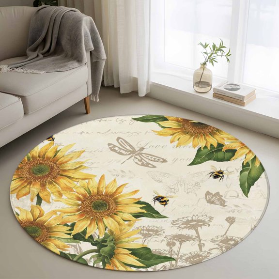 Washable Round Area Rug Watercolor Sunflower Bee Dragonfly Circle Rugs Floor Carpet for Living Room Bedroom, Country Floral Retro Letter Soft Non Slip Round Rug 4ft