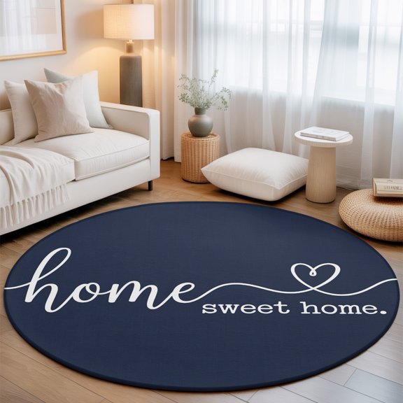 Washable Round Area Rug White Sweet Home Quote Heart Circle Rugs Floor Carpet for Living Room Bedroom, Rustic Letter on Navy Blue Soft Non Slip Round Rug 3ft