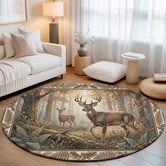 Washable Round Area Rug Wild Elk Deer Natural Forest Scene Circle Rugs Floor Carpet for Living Room Bedroom, Botanical Leaves Trees Soft Non Slip Round Rug 3ft