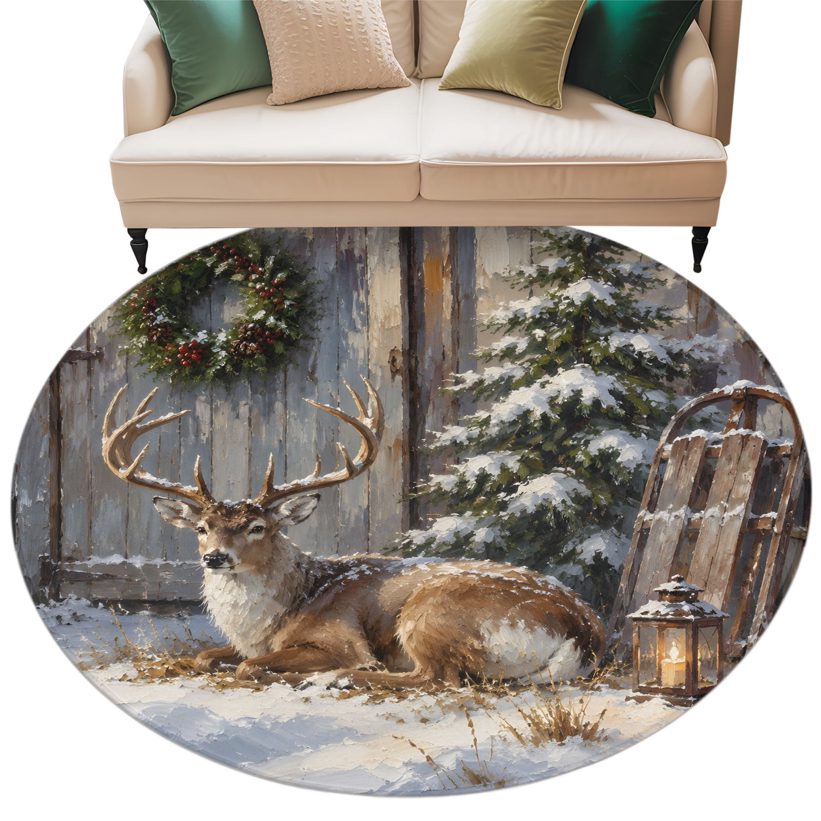 Washable Round Area Rug Winter Christmas Reindeer Wood Barn Circle Rugs ...