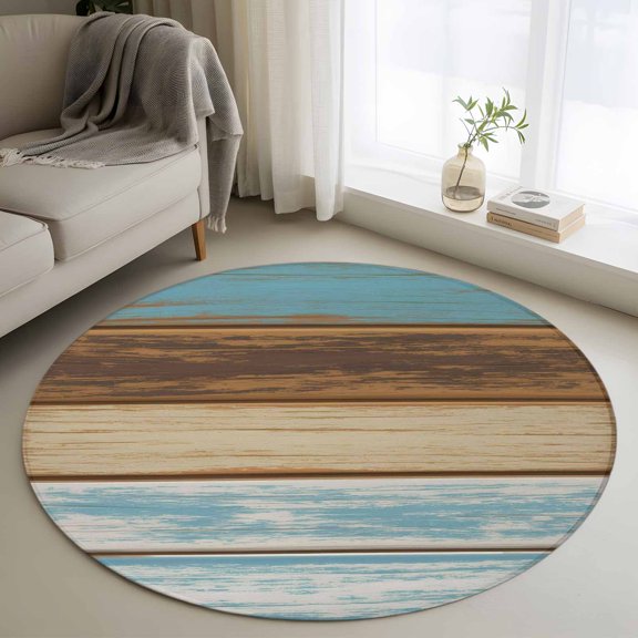 Washable Round Area Rug Wood in Turquoise Beige Circle Rugs Floor Carpet for Living Room Bedroom, Rustic Farmhouse Background Soft Non Slip Round Rug 3ft
