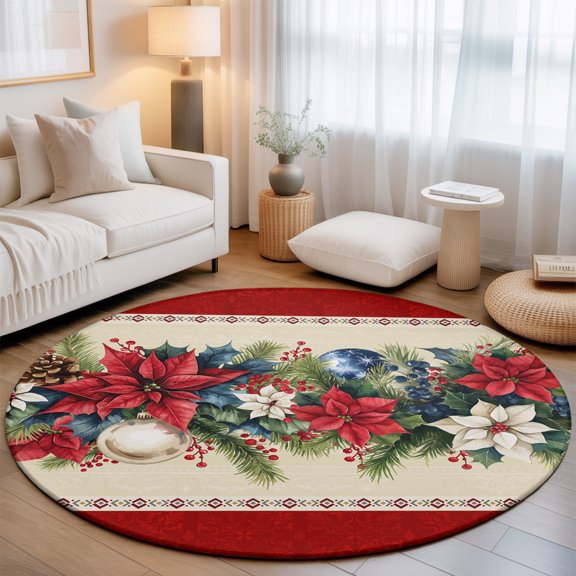 Washable Round Area Rug Xmas Poinsettia Fir Leaves on Red Circle Rugs Floor Carpet for Living Room Bedroom, Christmas Pine Cones Berry Soft Non Slip Round Rug 3ft