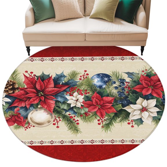 Washable Round Area Rug Xmas Poinsettia Fir Leaves on Red Circle Rugs Floor Carpet for Living Room Bedroom, Christmas Pine Cones Berry Soft Non Slip Round Rug 5ft