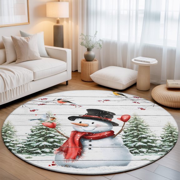 Washable Round Area Rug Xmas Snowman Christmas Tree Bird Circle Rugs Floor Carpet for Living Room Bedroom, Winter Snow Rustic Plank Soft Non Slip Round Rug 3ft