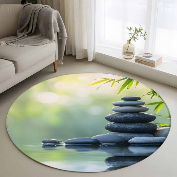 Washable Round Area Rug Zen Meditation Stone Lake Circle Rugs Floor Carpet for Living Room Bedroom, Nature Landscape Still Life Soft Non Slip Round Rug 3ft