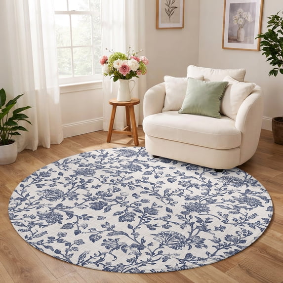 Washable Round Area Rugs 4 Ft, Blue Floral Leaf Non-Slip Soft Circle ...