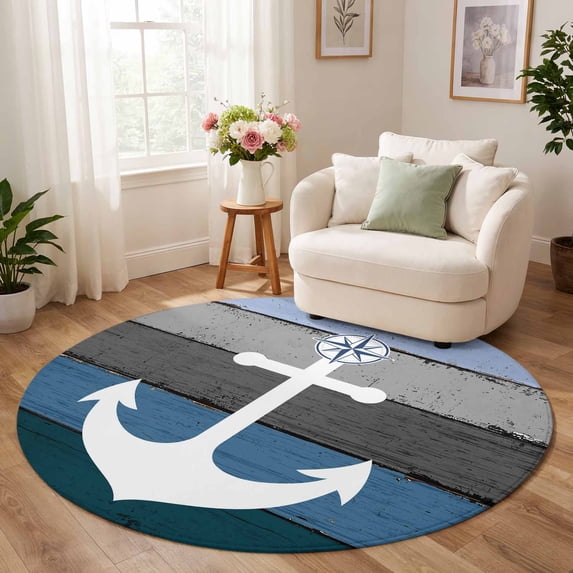 Washable Round Area Rugs 4 Ft, Blue Nautical Anchor Non-Slip Soft ...