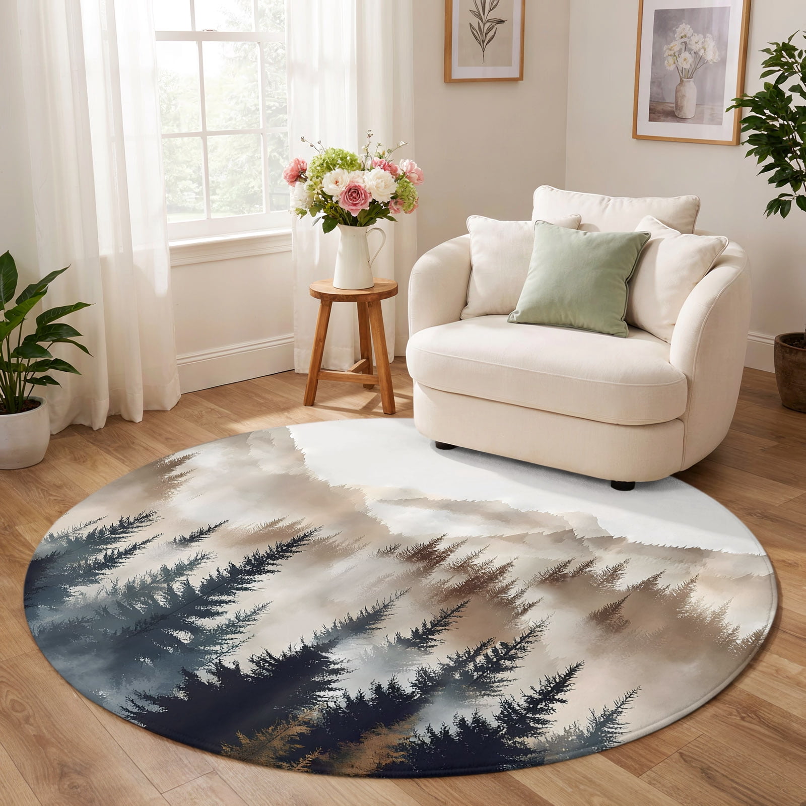 Washable Round Area Rugs 4 Ft, Tan Trees Forest Non-Slip Soft Circle ...