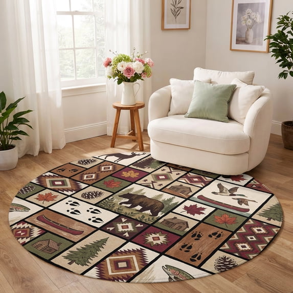Washable Round Rug 3 Ft, Country Patch Plaid Circle Area Rugs, Non-Slip ...