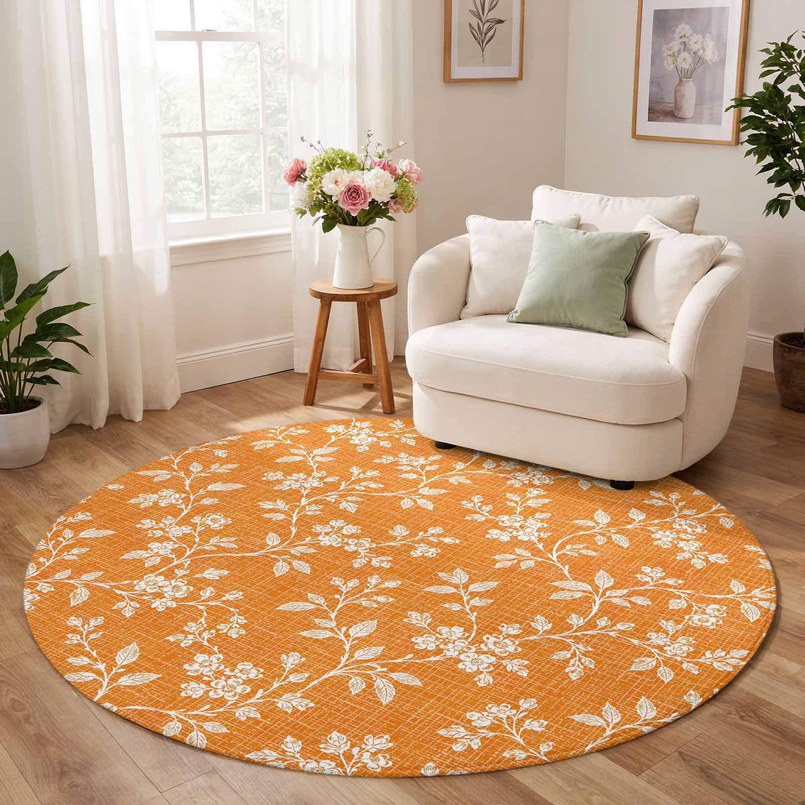 Washable Round Rug 3 Ft, Tangerine Floral Circle Area Rugs, Non-Slip ...