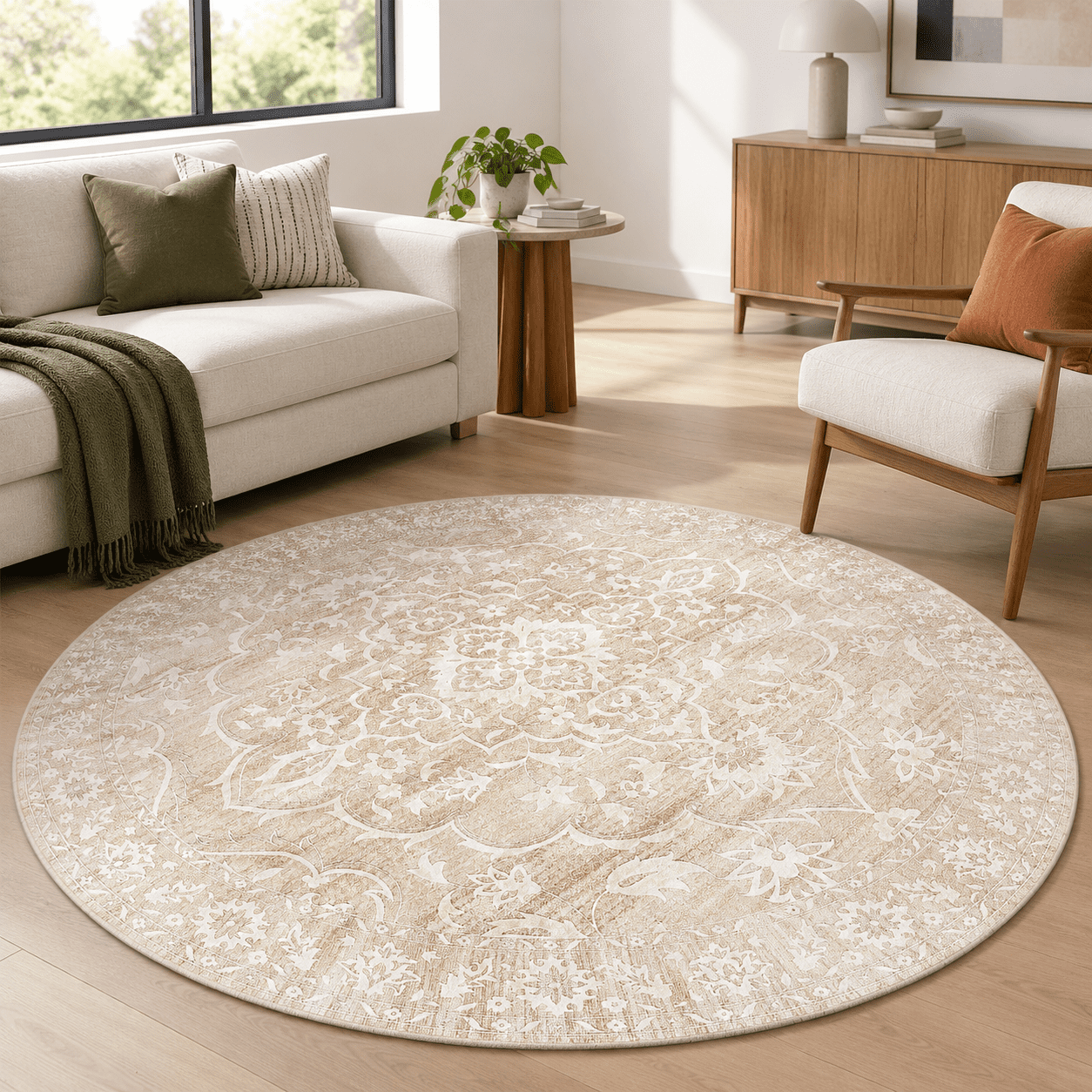 Washable Round Rug 9ft For Living Room Soft Circle Area Beige - Walmart.com
