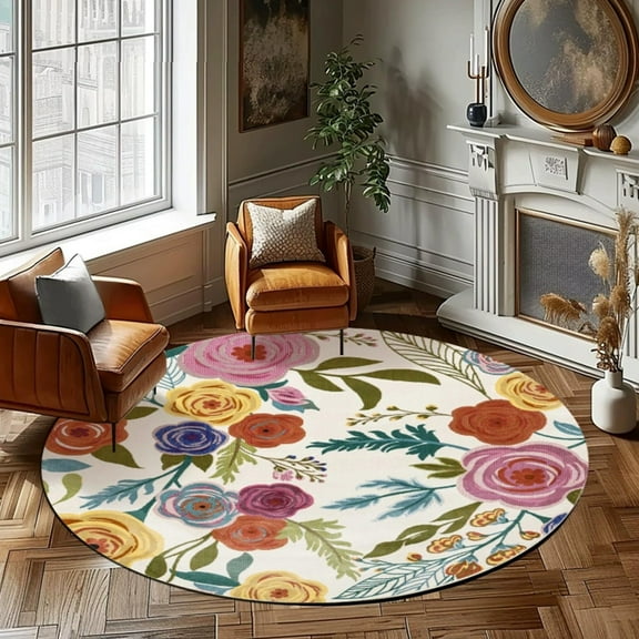 Washable Round Rug Living Room Circle Area Rugs for Bedroom, Vintage Non Slip Low Pile Carpet for Kitchen Suitable For Dining Room Living Room Bedroom Entrance And Kitchen Carpet