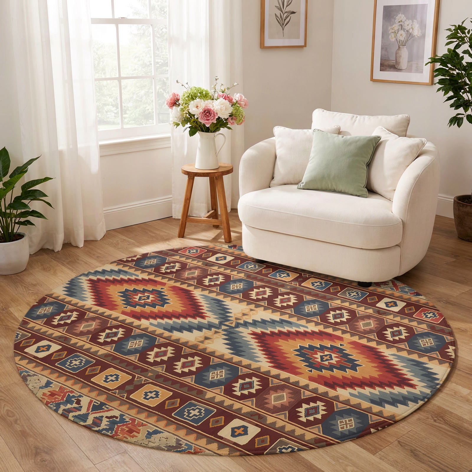 3 Inch Round Rug Washable Round Rugs 3.3 Ft, Retro Southwest Circle Area Rugs, Non-Slip ...