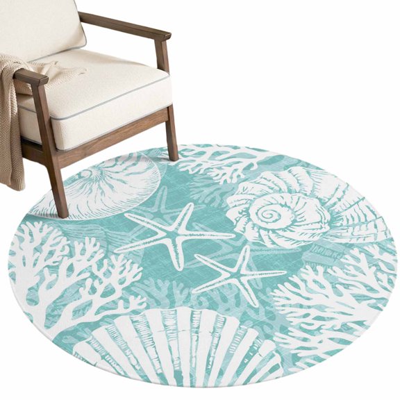Washable Round Rugs 3.3ft Teal Green Starfish Coastal Circle Rug Non-Slip Low-Profile Summer Coral Shell Beach Nautical Small Area Rug Carpet for Living Room Bedroom Dining Room Home Decor