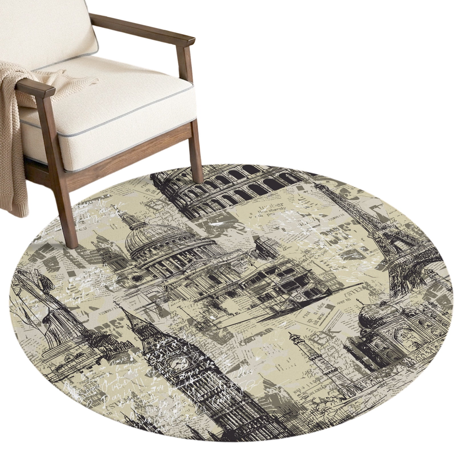 Washable Round Rugs 3ft Brown Architecture Circle Rug Non-Slip Soft Non ...