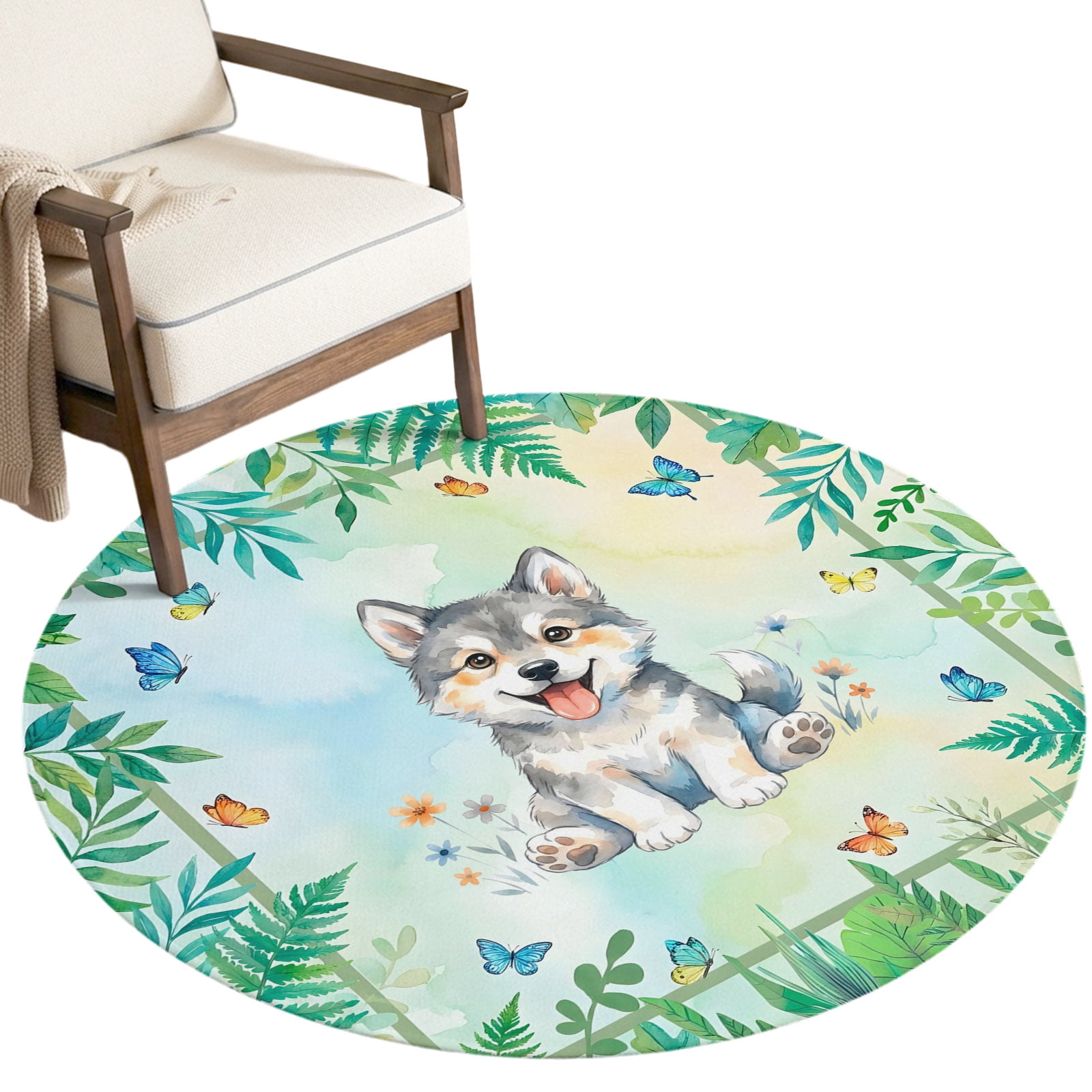 Washable Round Rugs 3ft Cartoon Wolf Circle Rug Non-Slip Soft Low ...