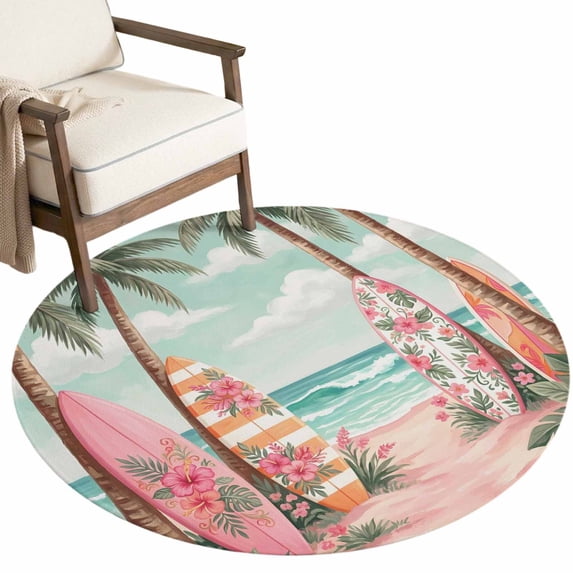 Washable Round Rugs 3ft Coastal Beach Circle Rug Non-Slip Soft Low ...