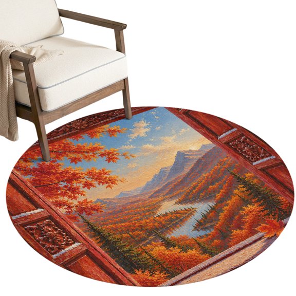 Washable Round Rugs 3ft Open Window Circle Rug Non-Slip Soft Non-Shedding Low-Profile Fall Orange Maple Leaves Forest Mountain Small Area Rug Carpet for Living Room Bedroom Dining Room Home Decor