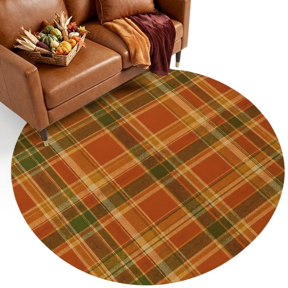 Washable Round Rugs 3ft Plaid Fall Circle Rug Non-Slip Non-Shedding Low-Profile Thanksgiving Orange Brown Autumn Farmhouse Harvest Small Area Rug Carpet for Living Room Bedroom Dining Room Home Decor