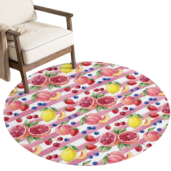 Washable Round Rugs 3ft Summer Fruits Circle Rug Non-Slip Soft Non-Shedding Low-Profile Grapefruit Peach Lemon Striped Small Area Rug Carpet for Living Room Bedroom Dining Room Home Decor