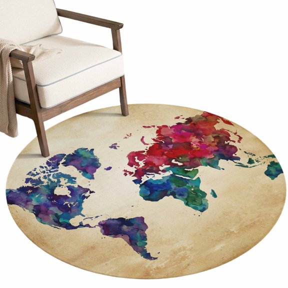 Washable Round Rugs 3ft Vintage Map Circle Rug Non-Slip Soft Non-Shedding Low-Profile Travel World Map Watercolor Splashes Small Area Rug Carpet for Living Room Bedroom Dining Room Home Decor