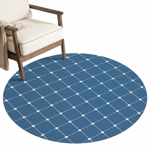 Round Rug Inky Blue Washable Round Rugs 4ft Blue Gingham Circle Rug Non-Slip Soft Non ...
