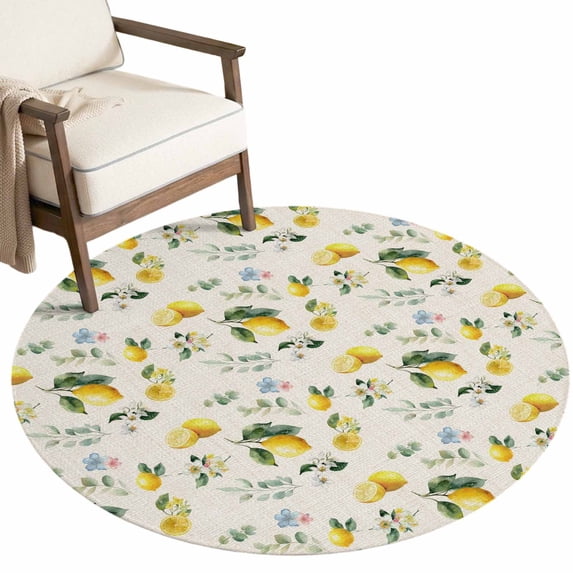 Washable Round Rugs 4ft Summer Lemon Circle Rug Non-Slip Soft Non-Shedding Low-Profile Pastoral Leaves Fruits Country Plants Pink Small Area Rug Carpet for Living Room Bedroom Dining Room Home Decor