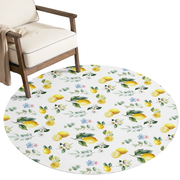 Washable Round Rugs 4ft Summer Lemon Circle Rug Non-Slip Soft Non-Shedding Low-Profile Rustic Fruits Leaves Pastoral Flower Plants Small Area Rug Carpet for Living Room Bedroom Dining Room Home Decor