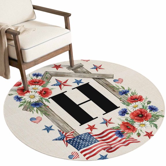 Washable Round Rugs 4ft Years Anniversary Circle Rug Non-Slip Soft Non-Shedding Low-Profile USA Patriotic Flag Monogram Letter H Small Area Rug Carpet for Living Room Bedroom Dining Room Home Decor