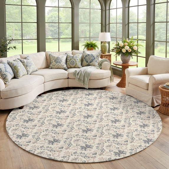 Washable Round Rugs 5 Ft, Beige Grey Baroque Non-Slip Area Rug Soft ...