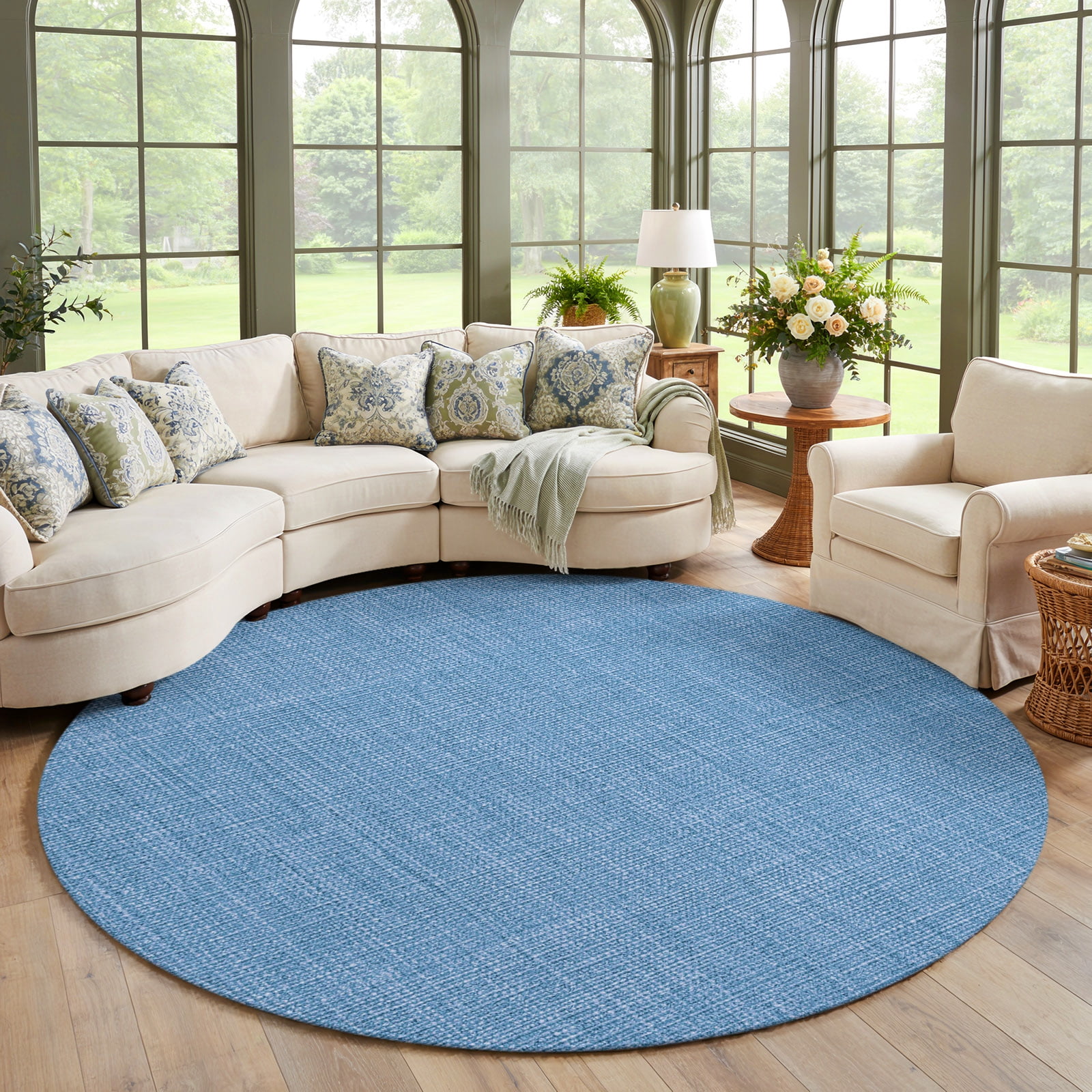 Washable Round Rugs 5 Ft, Blue Burlap Texture Non-Slip Area Rug Soft ...