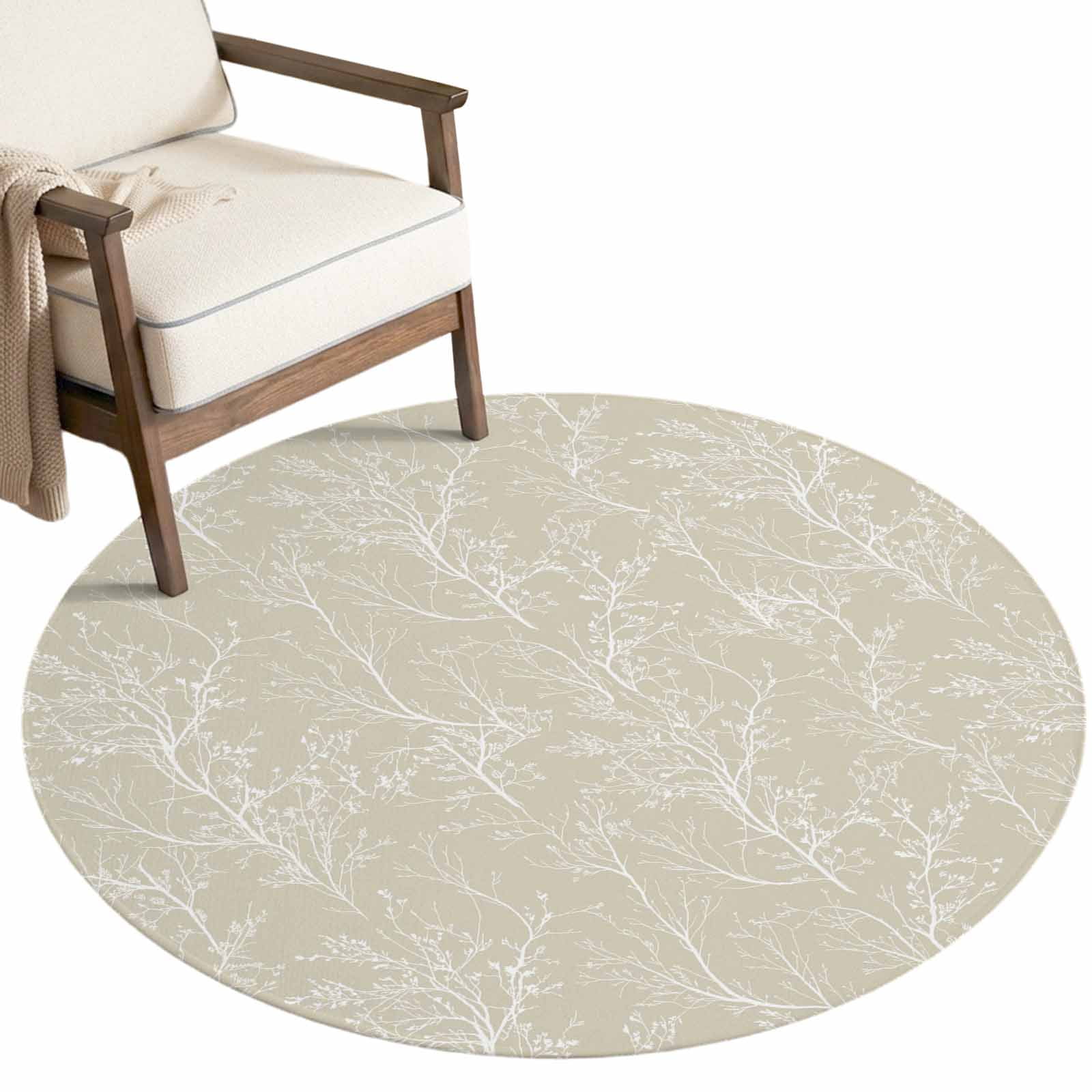 Washable Round Rugs 5ft Beige Botanical Circle Rug Non-Slip Soft Non ...