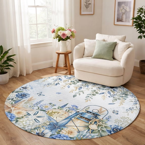 Washable Round Rugs 5ft, Blue Floral Coastal Non-Slip Indoor Carpet for ...