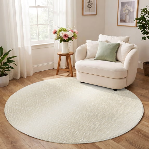 Washable Round Rugs 5ft, Cream Ombre Non-Slip Indoor Carpet for Dining ...
