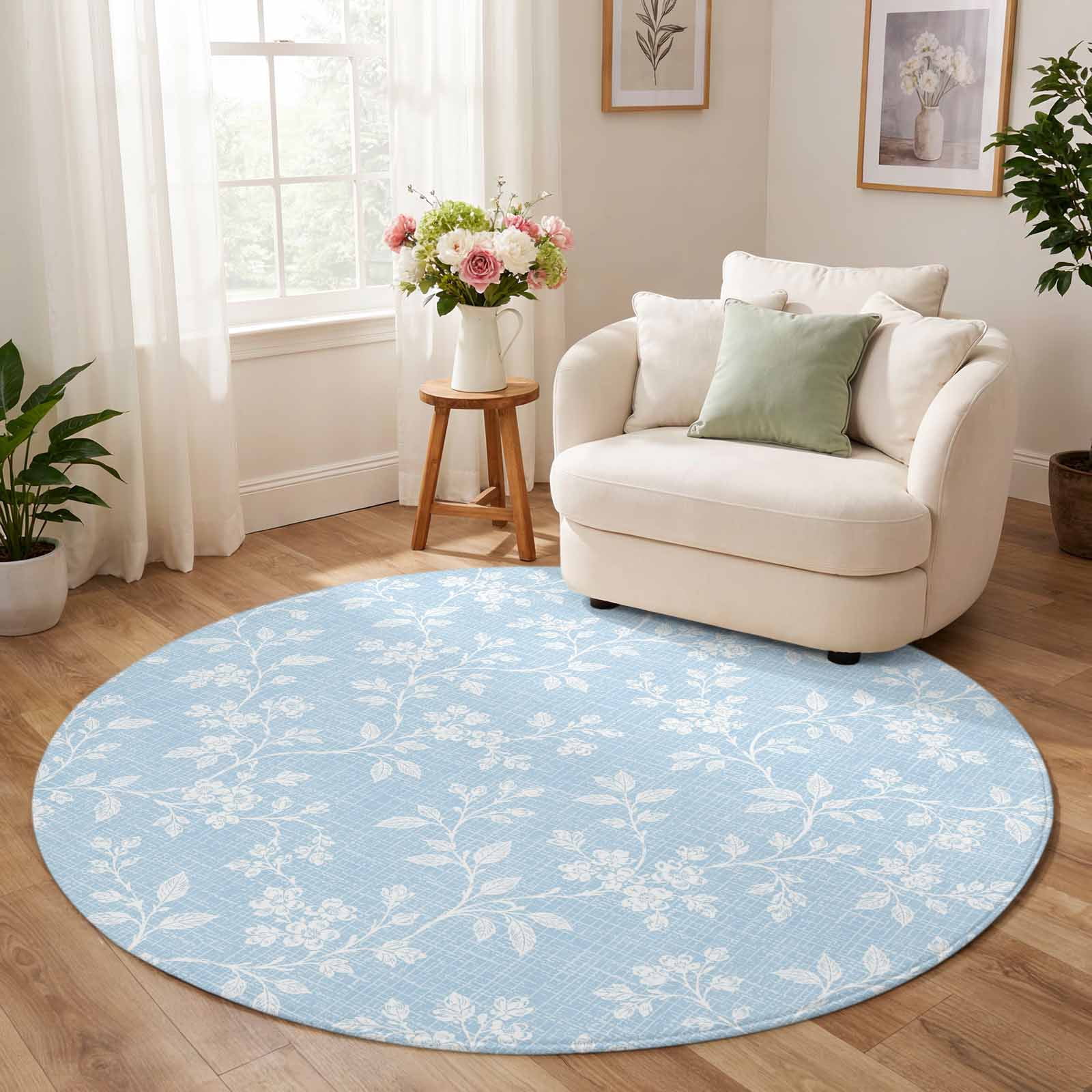 Washable Round Rugs 5ft, Light Blue Floral Non-Slip Indoor Carpet for ...