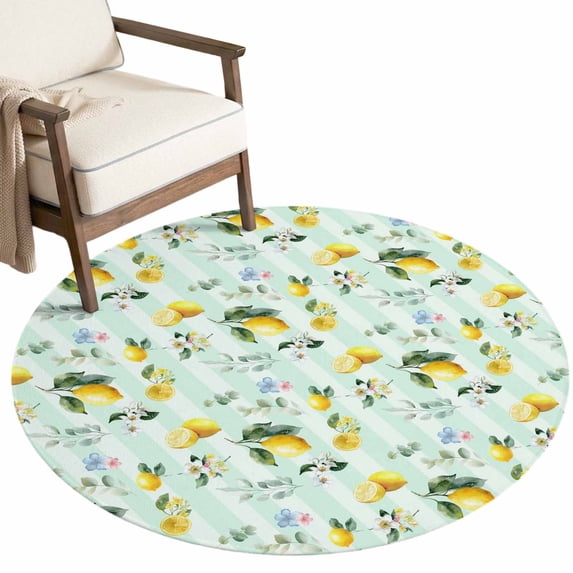 Washable Round Rugs 5ft Summer Lemon Circle Rug Non-Slip Soft Non-Shedding Low-Profile Pastoral Leaves Fruits Country Plants Green Large Area Rug Carpet for Living Room Bedroom Dining Room Home Decor